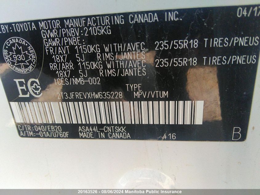 2017 Toyota Rav4 Se VIN: 2T3JFREVXHW635228 Lot: 20163526