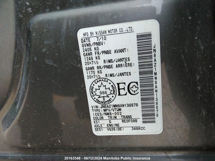 2010 Nissan Murano Le VIN: JN8AZ1MW9AW138878 Lot: 20163548