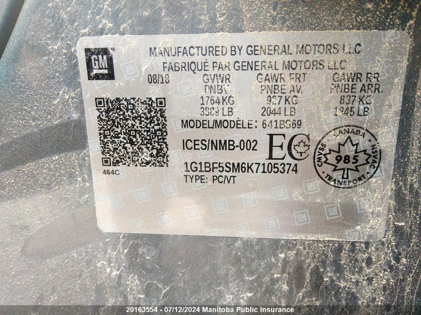 2019 Chevrolet Cruze Premier Turbo VIN: 1G1BF5SM6K7105374 Lot: 20163554