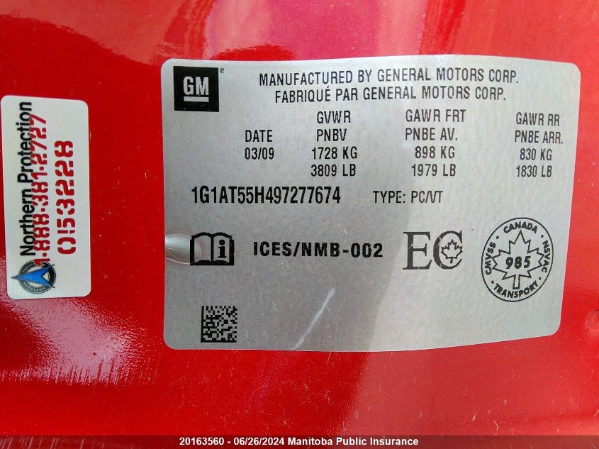 2009 Chevrolet Cobalt Lt VIN: 1G1AT55H497277674 Lot: 20163560