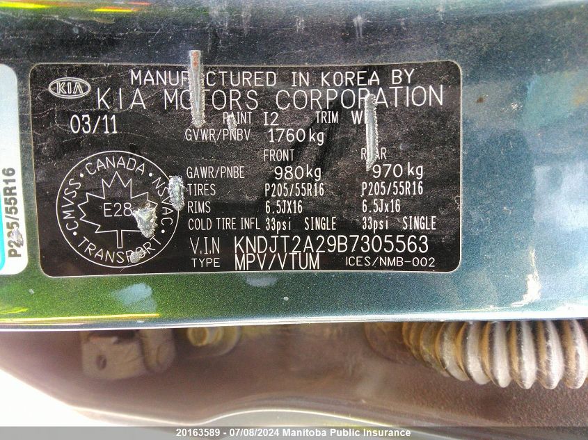 2011 Kia Soul 2U VIN: KNDJT2A29B7305563 Lot: 20163589