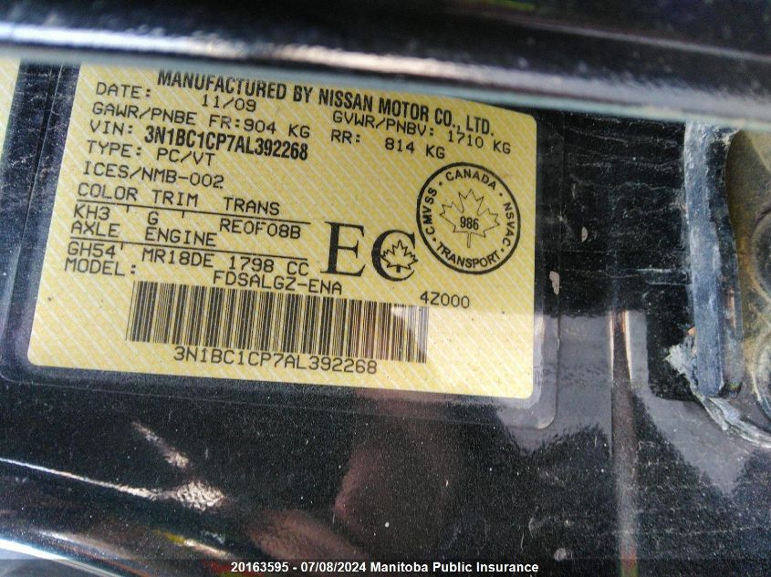 2010 Nissan Versa 1.8 Sl VIN: 3N1BC1CP7AL392268 Lot: 20163595