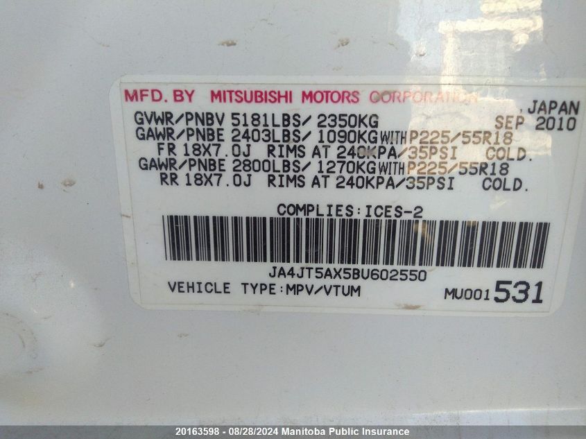 2011 Mitsubishi Outlander Xls VIN: JA4JT5AX5BU602550 Lot: 20163598