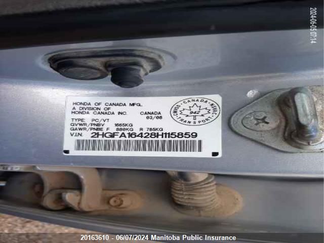 2008 Honda Civic Dx-G VIN: 2HGFA16428H115859 Lot: 20163610