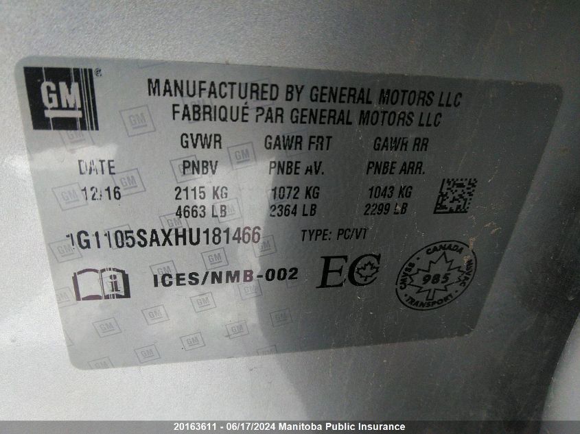 2017 Chevrolet Impala Lt VIN: 1G1105SAXHU181466 Lot: 20163611