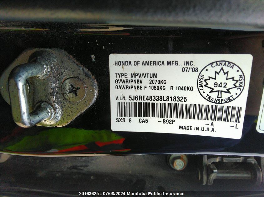 2008 Honda Cr-V Lx VIN: 5J6RE48338L818325 Lot: 20163625
