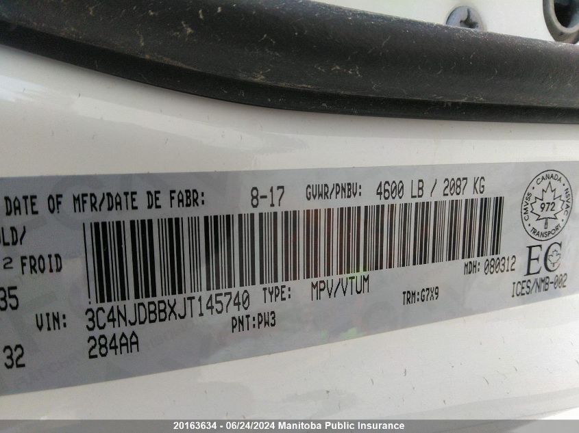 2018 Jeep Compass North VIN: 3C4NJDBBXJT145740 Lot: 20163634