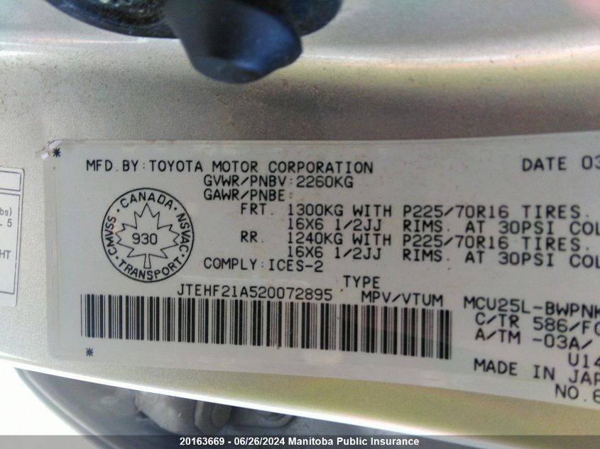 2002 Toyota Highlander V6 VIN: JTEHF21A520072895 Lot: 20163669