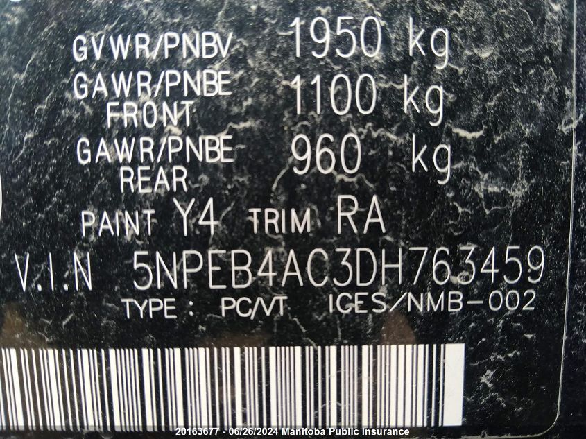 2013 Hyundai Sonata Gl VIN: 5NPEB4AC3DH763459 Lot: 20163677