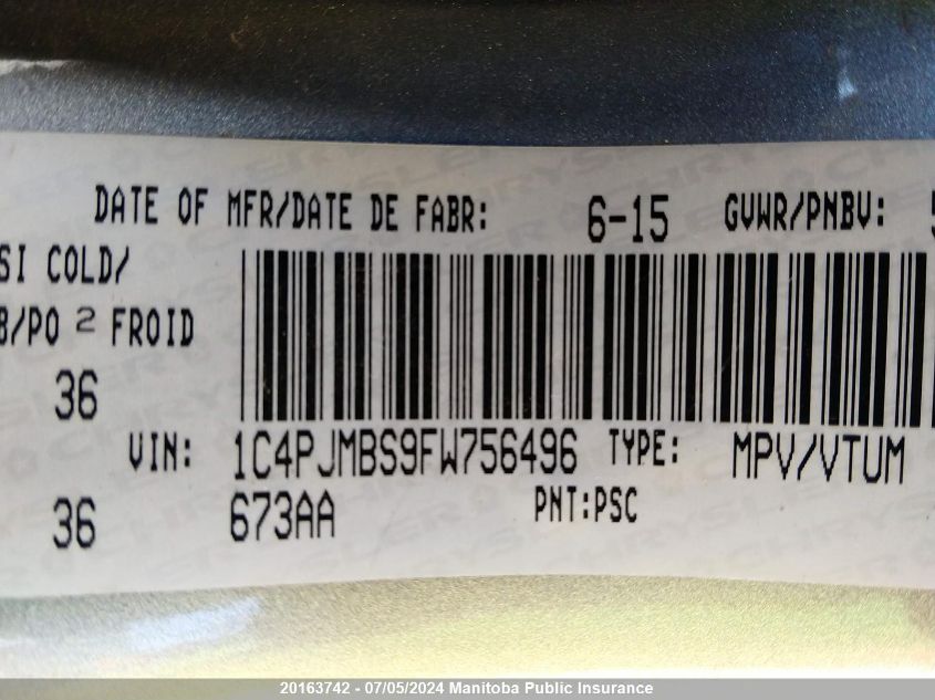 2015 Jeep Cherokee Trailhawk VIN: 1C4PJMBS9FW756496 Lot: 20163742