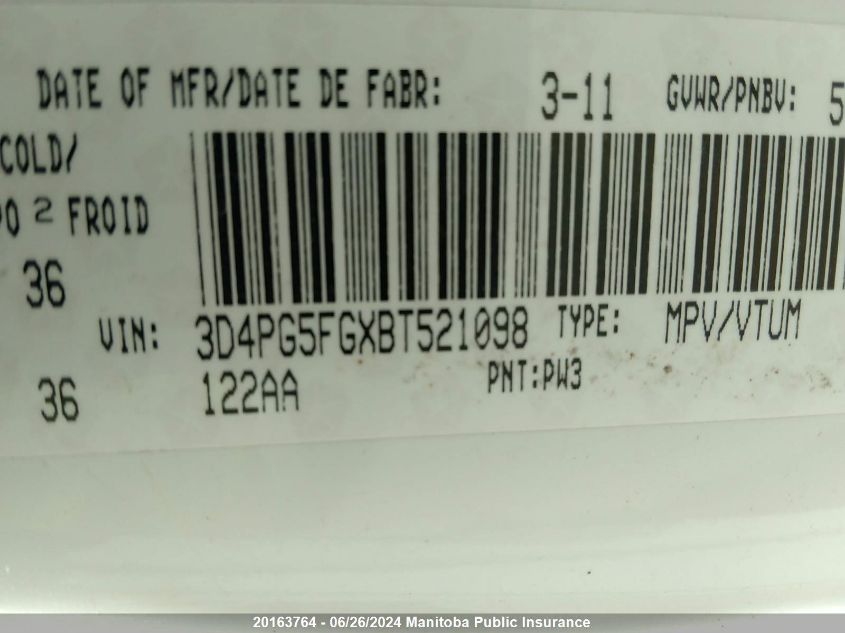 2011 Dodge Journey Sxt VIN: 3D4PG5FGXBT521098 Lot: 20163764