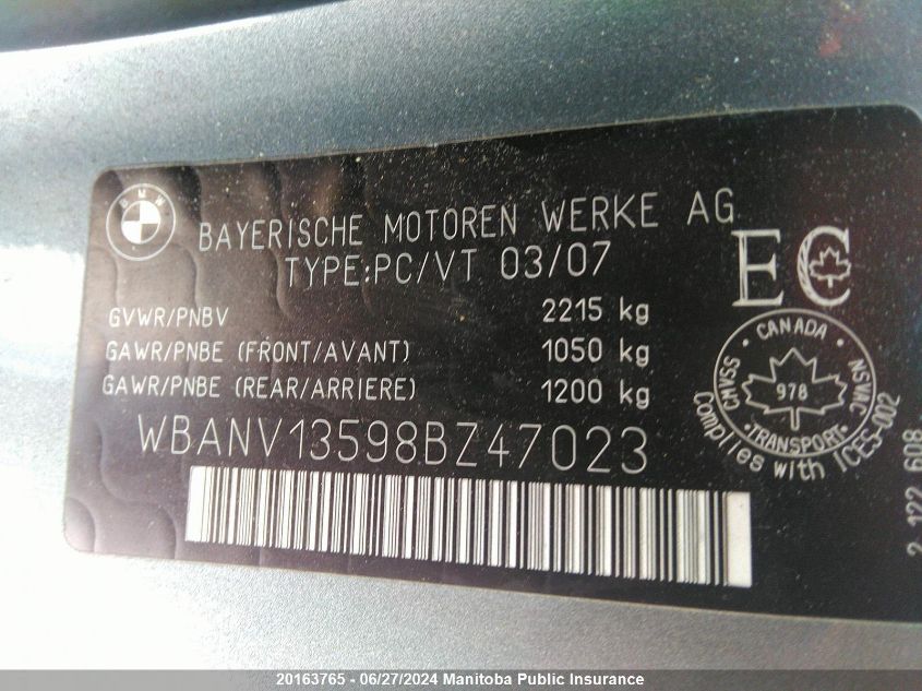 2008 BMW 528Xi VIN: WBANV13598BZ47023 Lot: 20163765