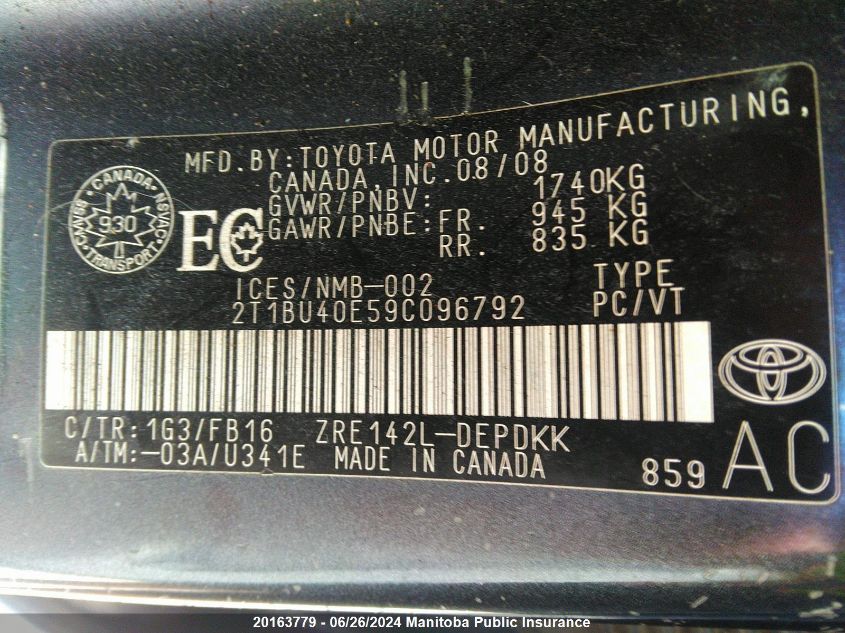 2009 Toyota Corolla Ce VIN: 2T1BU40E59C096792 Lot: 20163779