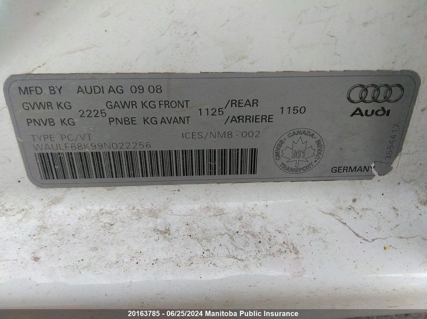 2009 Audi A4 2.0T Quattro VIN: WAULF68K99N022256 Lot: 20163785