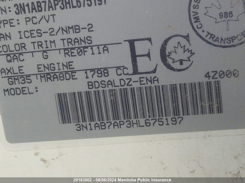 2017 Nissan Sentra 1.8 Sv VIN: 3N1AB7AP3HL675197 Lot: 20163802