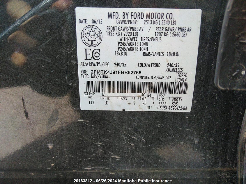 2015 Ford Edge Sel VIN: 2FMTK4J91FBB62766 Lot: 20163812