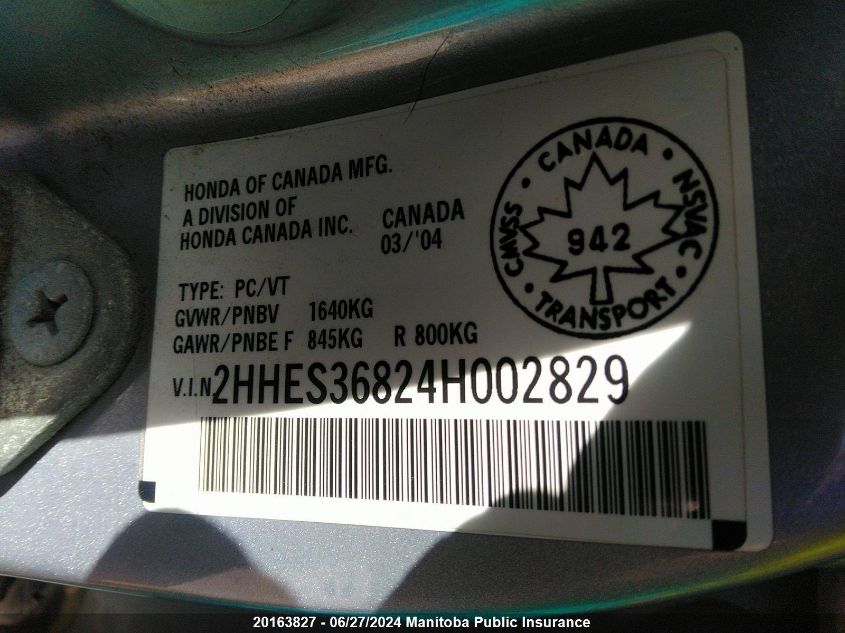 2004 Acura 1.7 El Premium VIN: 2HHES36824H002829 Lot: 20163827