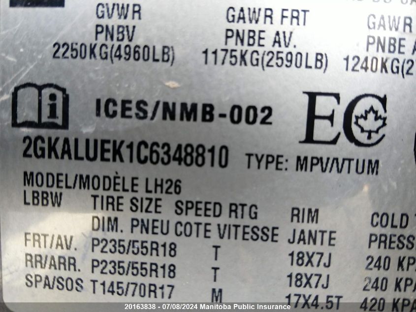 2012 GMC Terrain Sle VIN: 2GKALUEK1C6348810 Lot: 20163838