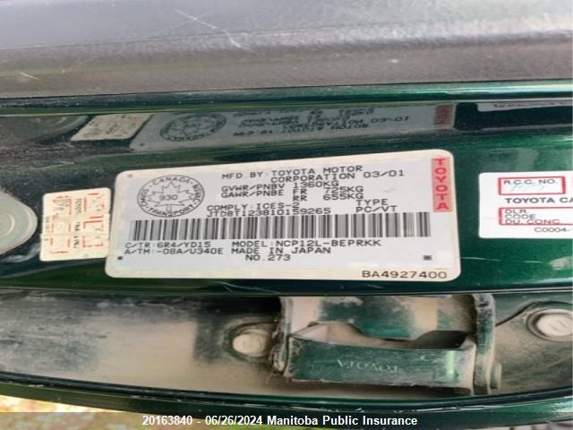 2001 Toyota Echo VIN: JTDBT123810159265 Lot: 20163840