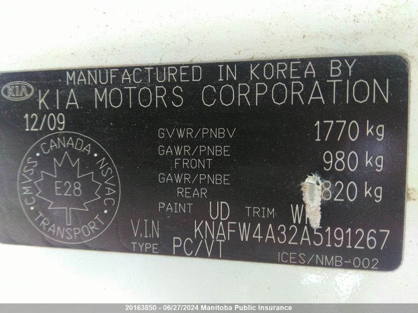 2010 Kia Forte Sx VIN: KNAFW4A32A5191267 Lot: 20163850