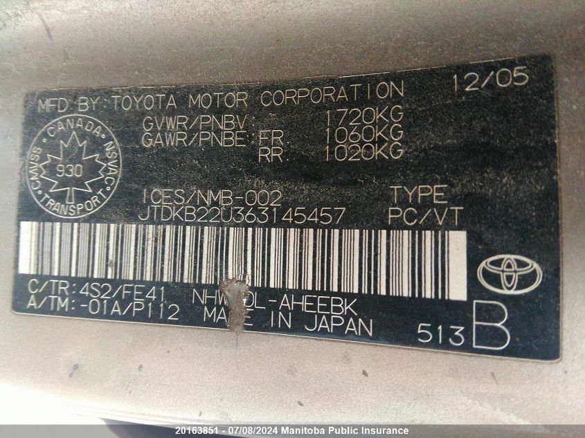 2006 Toyota Prius VIN: JTDKB22U363145457 Lot: 20163851