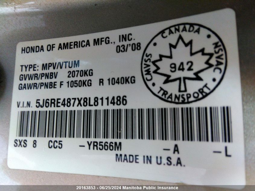 2008 Honda Cr-V Ex-L VIN: 5J6RE487X8L811486 Lot: 20163853