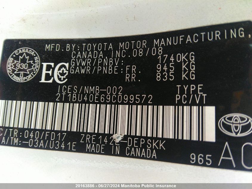 2009 Toyota Corolla S VIN: 2T1BU40E69C099572 Lot: 20163886