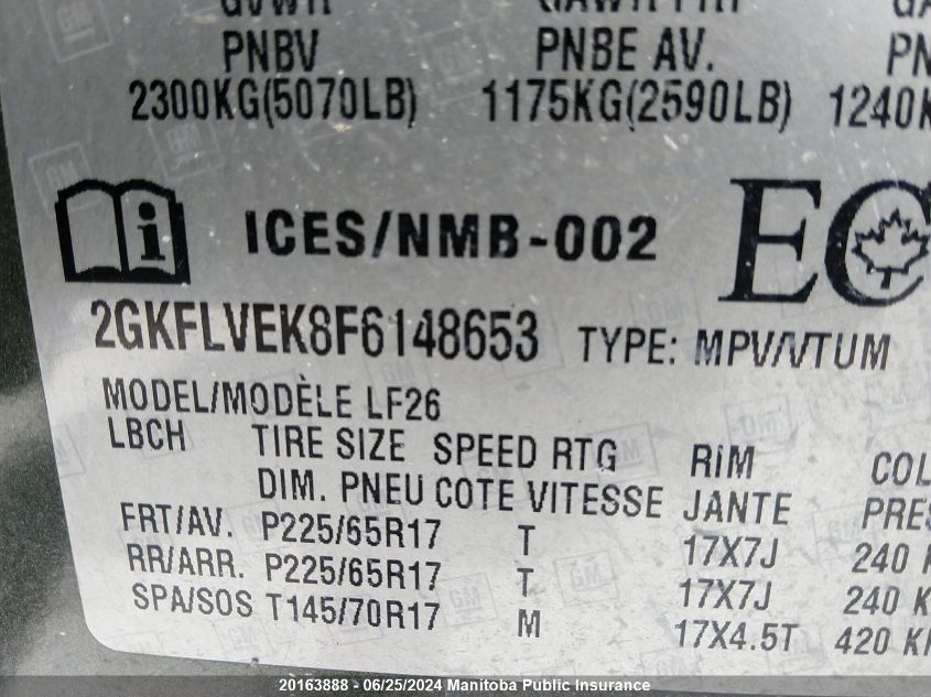 2015 GMC Terrain Sle VIN: 2GKFLVEK8F6148653 Lot: 20163888