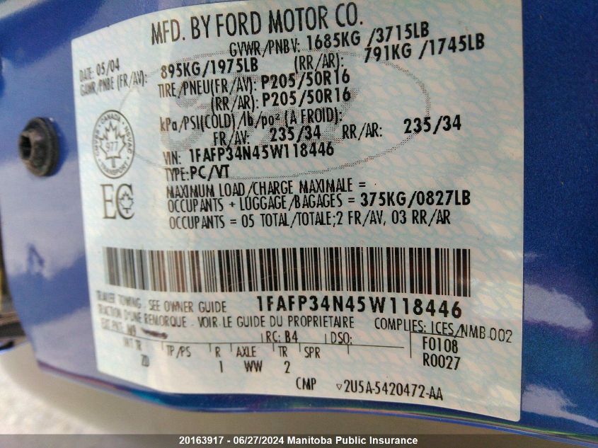 2005 Ford Focus Zx4 Ses VIN: 1FAFP34N45W118446 Lot: 20163917