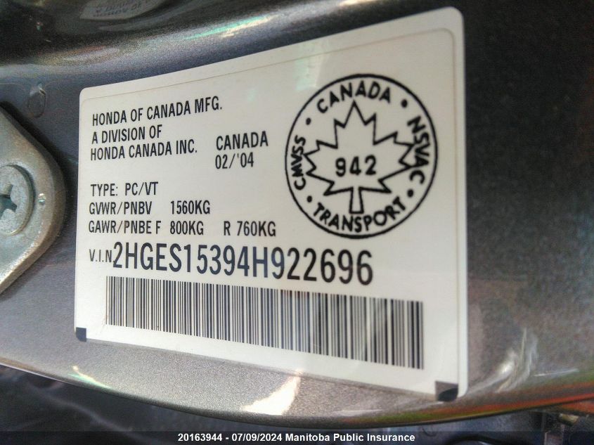 2004 Honda Civic Se VIN: 2HGES15394H922696 Lot: 20163944