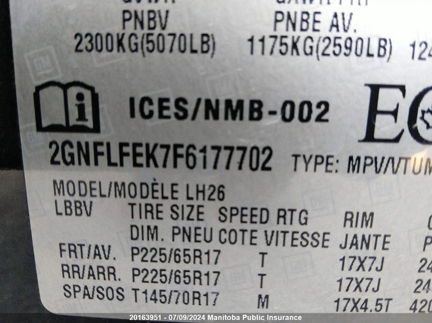 2015 Chevrolet Equinox Ls VIN: 2GNFLFEK7F6177702 Lot: 20163951