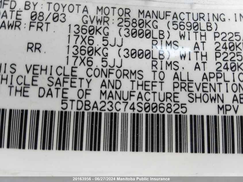 2004 Toyota Sienna Le V6 VIN: 5TDBA23C74S006825 Lot: 20163956