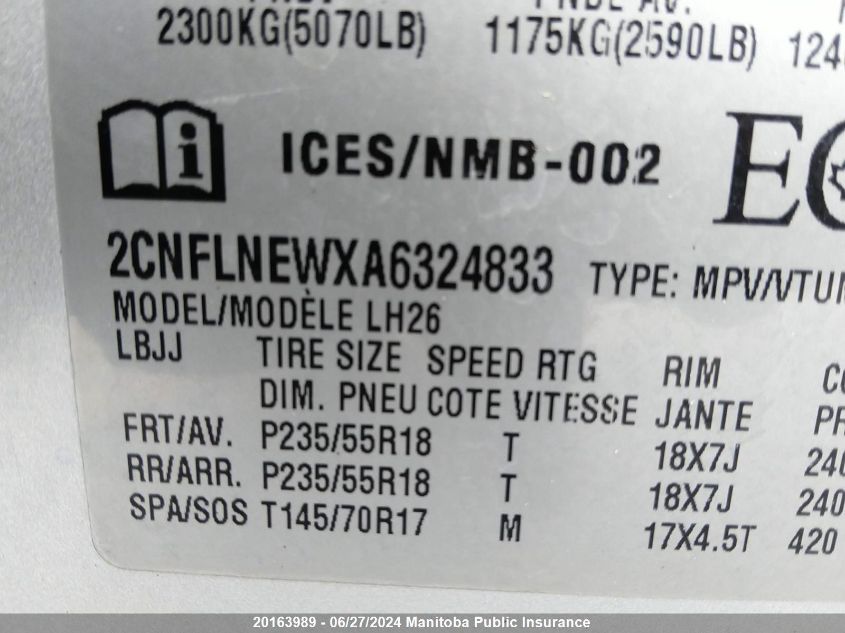 2010 Chevrolet Equinox Lt VIN: 2CNFLNEWXA6324833 Lot: 20163989