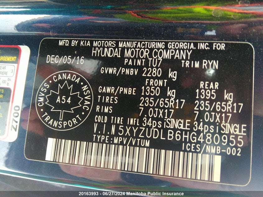 2017 Hyundai Santa Fe Sport VIN: 5XYZUDLB6HG480955 Lot: 20163993