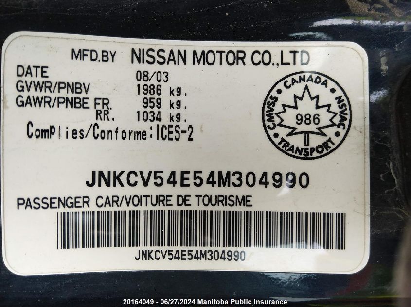 2004 Infiniti G35 VIN: JNKCV54E54M304990 Lot: 20164049