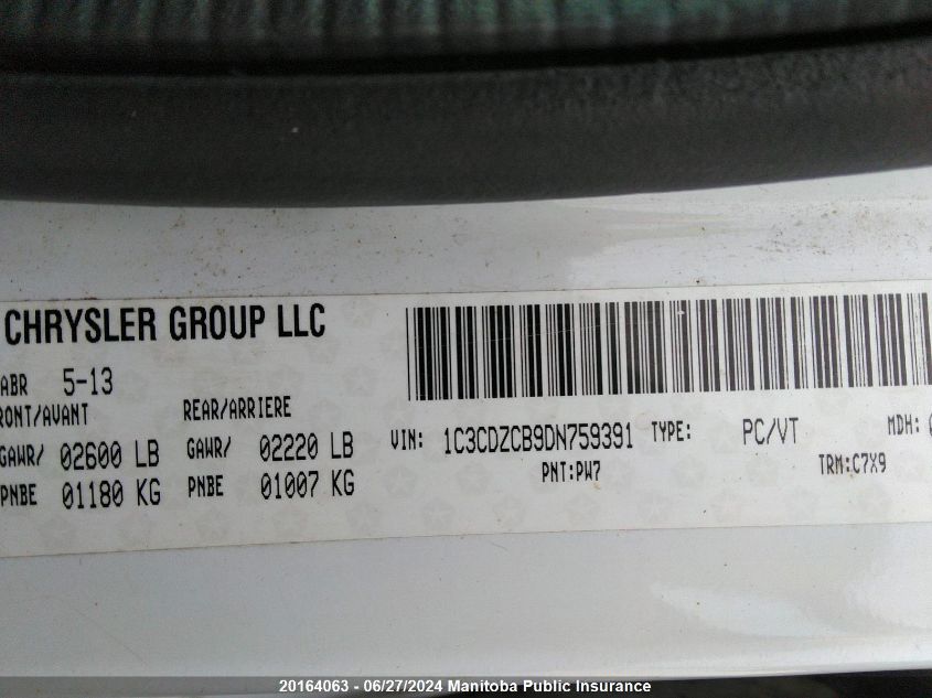 2013 Dodge Avenger Sxt VIN: 1C3CDZCB9DN759391 Lot: 20164063