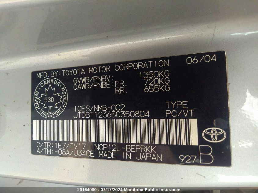 2005 Toyota Echo VIN: JTDBT123650350804 Lot: 20164080