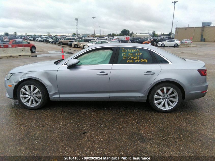 2017 Audi A4 2.0T Quattro VIN: WAUANAF47HN039251 Lot: 20164103