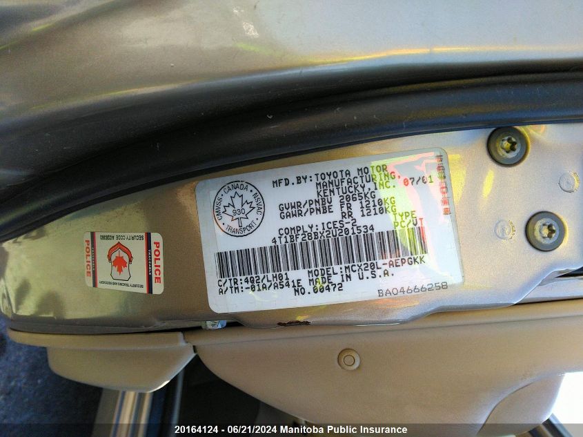 2002 Toyota Avalon Xls VIN: 4T1BF28BX2U201534 Lot: 20164124