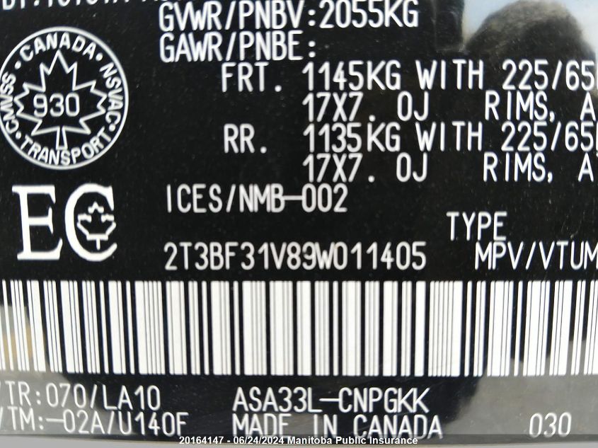 2009 Toyota Rav4 Limited VIN: 2T3BF31V89W011405 Lot: 20164147