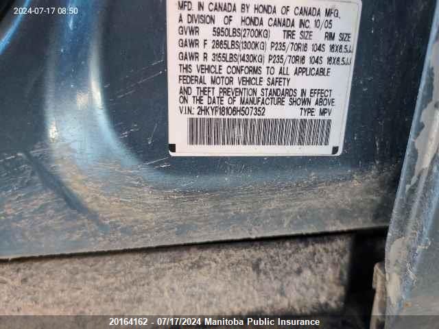 2006 Honda Pilot Ex VIN: 2HKYF18106H507352 Lot: 20164162