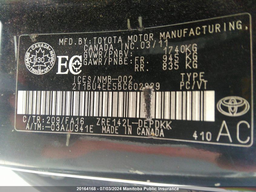 2011 Toyota Corolla Ce VIN: 2T1BU4EE5BC602829 Lot: 20164168