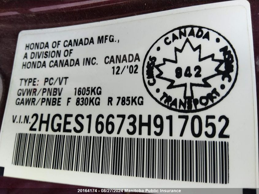 2003 Honda Civic Lx VIN: 2HGES16673H917052 Lot: 20164174