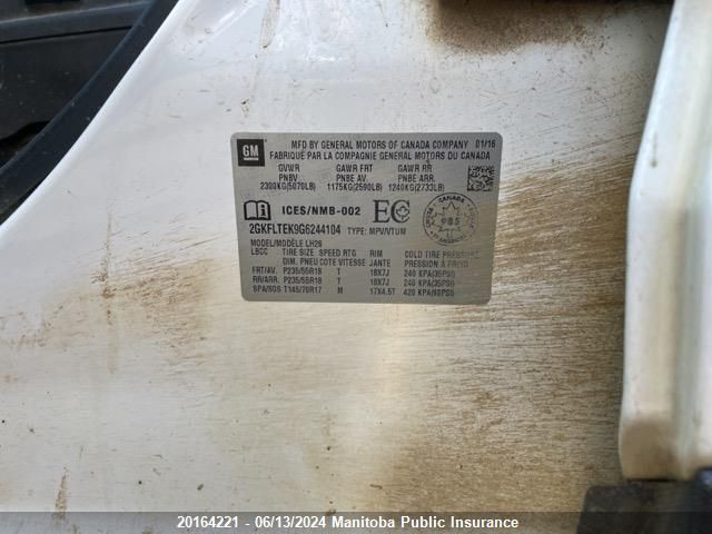 2016 GMC Terrain Sle VIN: 2GKFLTEK9G6244104 Lot: 20164221