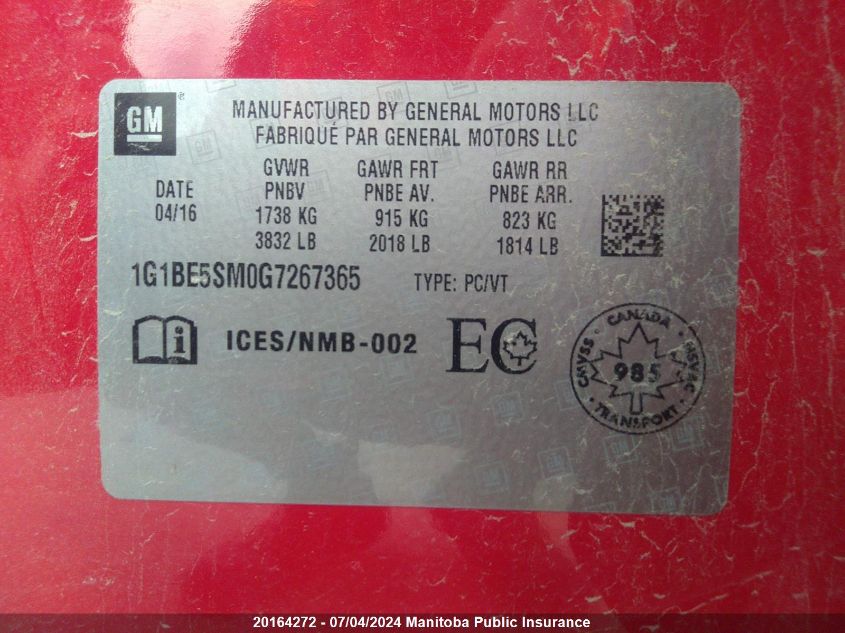 2016 Chevrolet Cruze Lt Turbo VIN: 1G1BE5SM0G7267365 Lot: 20164272