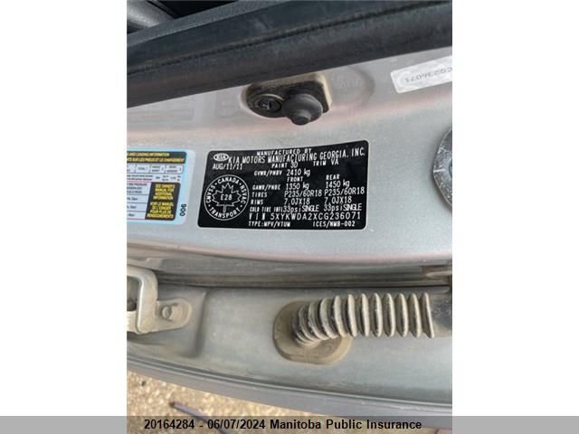 2012 Kia Sorento Sx V6 VIN: 5XYKWDA2XCG236071 Lot: 20164284