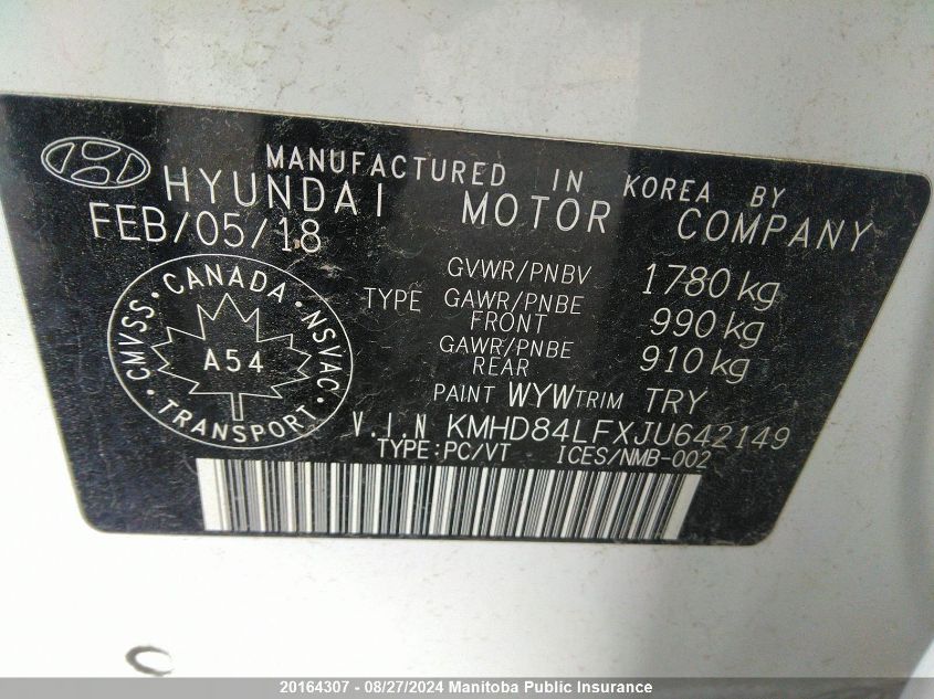 2018 Hyundai Elantra Gl VIN: KMHD84LFXJU642149 Lot: 20164307