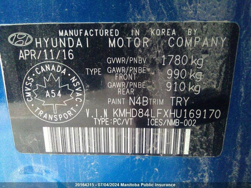2017 Hyundai Elantra Gl VIN: KMHD84LFXHU169170 Lot: 20164315