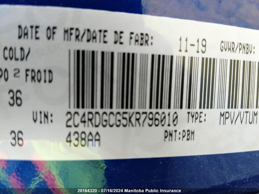2019 Dodge Grand Caravan Sxt VIN: 2C4RDGCG5KR796010 Lot: 20164320