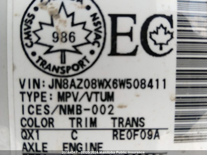 2006 Nissan Murano Se VIN: JN8AZ08WX6W508411 Lot: 20164347